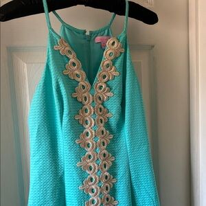 Lilly Pulitzer Pearl Seaside Aqua Halter Shift with metallic cord trim